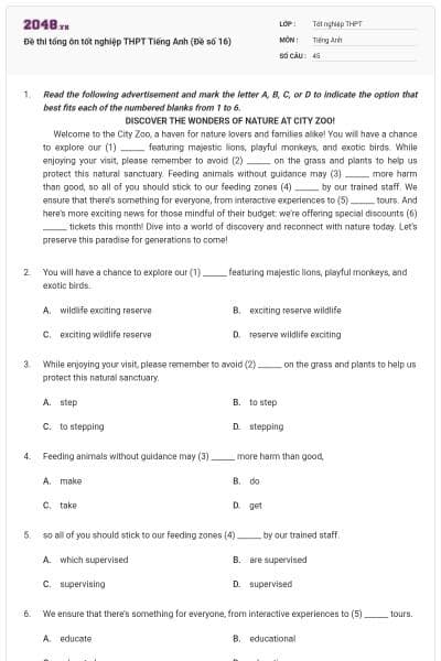 Đề thi tổng ôn tốt nghiệp THPT Tiếng Anh (Đề số 16)