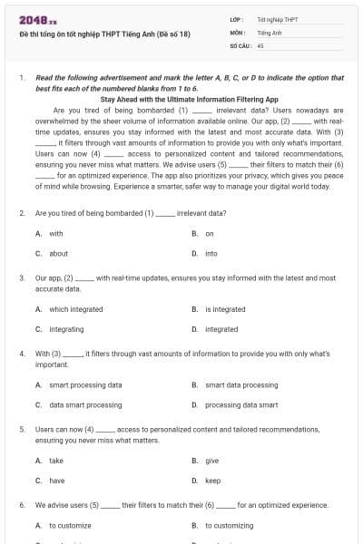 Đề thi tổng ôn tốt nghiệp THPT Tiếng Anh (Đề số 18)
