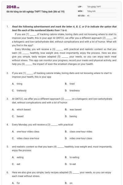 Đề thi tổng ôn tốt nghiệp THPT Tiếng Anh (Đề số 19)