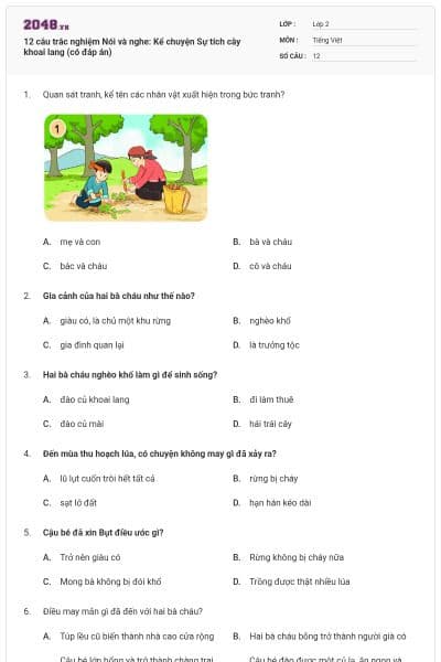 12 câu trắc nghiệm Nói và nghe: Kể chuyện Sự tích cây khoai lang (có đáp án)