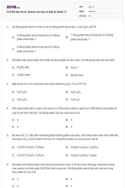 224 Bài tập ancol- phenol cực hay có đáp án (phần 1)
