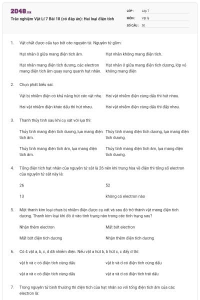 Trắc nghiệm Vật Lí 7 Bài 18 (có đáp án): Hai loại điện tích