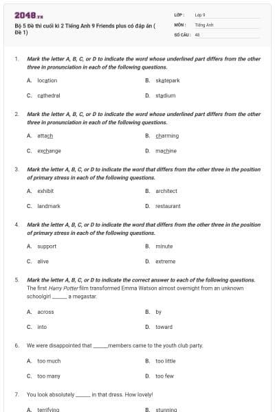 Bộ 5 Đề thi cuối kì 2 Tiếng Anh 9 Friends plus có đáp án ( Đề 1)