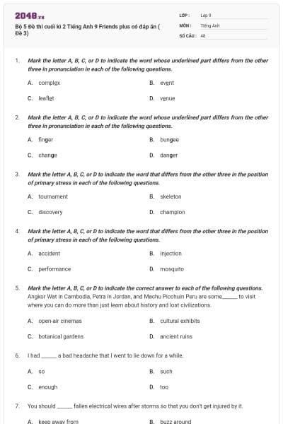 Bộ 5 Đề thi cuối kì 2 Tiếng Anh 9 Friends plus có đáp án ( Đề 3)