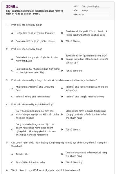 500+ câu trắc nghiệm tổng hợp Đại cương bảo hiểm và quản trị rủi ro có đáp án - Phần 7
