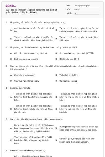 500+ câu trắc nghiệm tổng hợp Đại cương bảo hiểm và quản trị rủi ro có đáp án - Phần 9