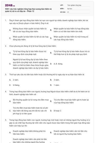 500+ câu trắc nghiệm tổng hợp Đại cương bảo hiểm và quản trị rủi ro có đáp án - Phần 12