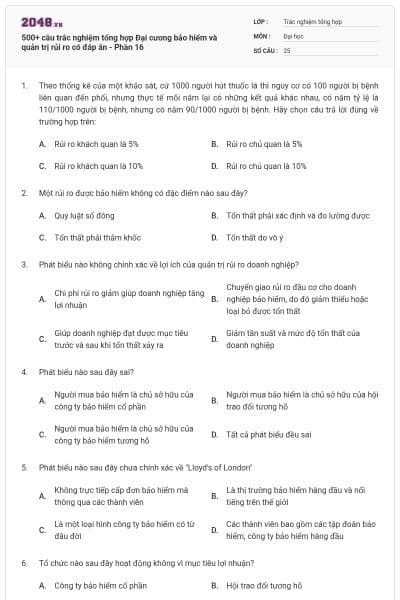 500+ câu trắc nghiệm tổng hợp Đại cương bảo hiểm và quản trị rủi ro có đáp án - Phần 16