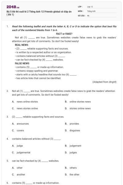 Bộ 5 Đề thi cuối kì 2 Tiếng Anh 12 Friends global có đáp án ( Đề 1)