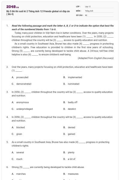 Bộ 5 Đề thi cuối kì 2 Tiếng Anh 12 Friends global có đáp án ( Đề 4)