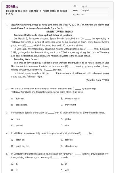 Bộ 5 Đề thi cuối kì 2 Tiếng Anh 12 Friends global có đáp án ( Đề 5)