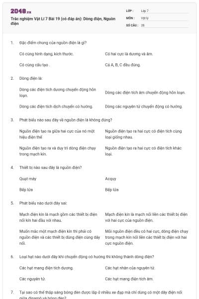 Trắc nghiệm Vật Lí 7 Bài 19 (có đáp án): Dòng điện, Nguồn điện