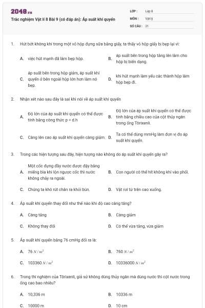 Trắc nghiệm Vật lí 8 Bài 9 (có đáp án): Áp suất khí quyển