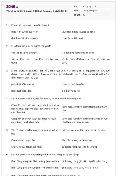 Tổng hợp đề thi thử môn GDCD có đáp án mới nhất (Đề 9)