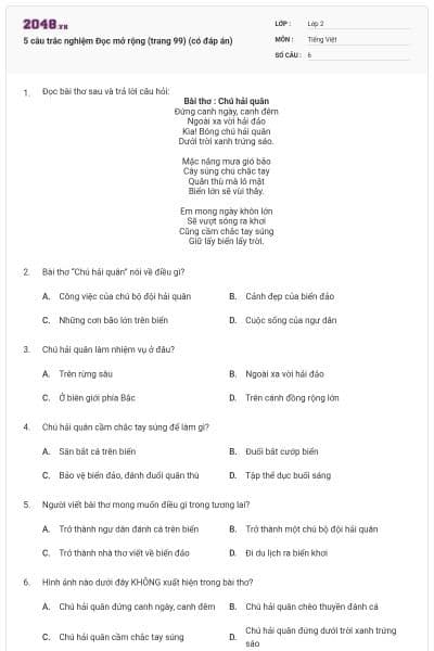 5 câu trắc nghiệm Đọc mở rộng (trang 99) (có đáp án)