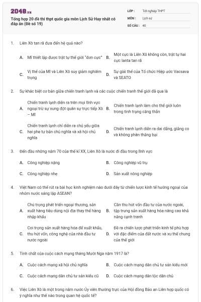 Tổng hợp 20 đề thi thpt quốc gia môn Lịch Sử Hay nhất có đáp án (Đề số 19)