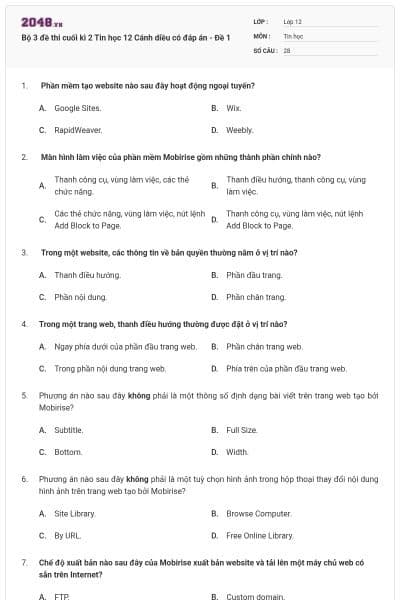 Bộ 3 đề thi cuối kì 2 Tin học 12 Cánh diều có đáp án - Đề 1