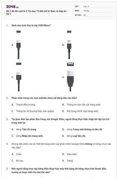 Bộ 3 đề thi cuối kì 2 Tin học 12 Kết nối tri thức có đáp án - Đề 1