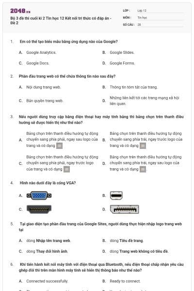Bộ 3 đề thi cuối kì 2 Tin học 12 Kết nối tri thức có đáp án - Đề 2