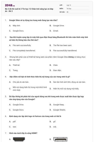 Bộ 3 đề thi cuối kì 2 Tin học 12 Chân trời sáng tạo có đáp án - Đề 3
