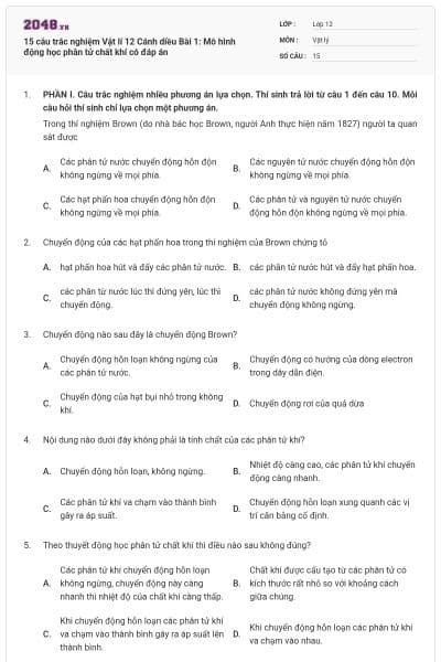 15 câu trắc nghiệm Vật lí 12 Cánh diều Bài 1: Mô hình động học phân tử chất khí có đáp án