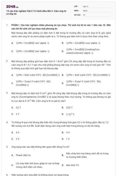 15 câu trắc nghiệm Vật lí 12 Cánh diều Bài 3. Cảm ứng từ có đáp án