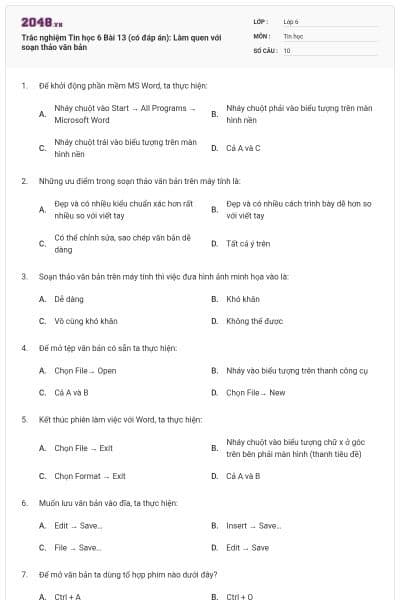 Trắc nghiệm Tin học 6 Bài 13 (có đáp án): Làm quen với soạn thảo văn bản