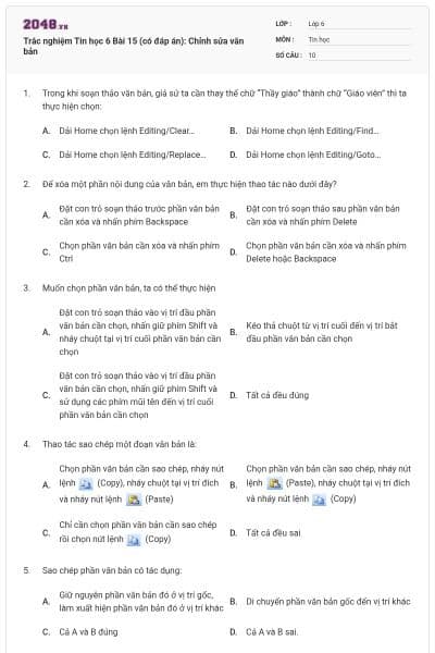Trắc nghiệm Tin học 6 Bài 15 (có đáp án): Chỉnh sửa văn bản