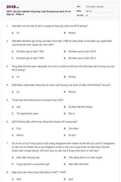200+ câu trắc nghiệm tổng hợp Luật thương mại quốc tế có đáp án - Phần 4