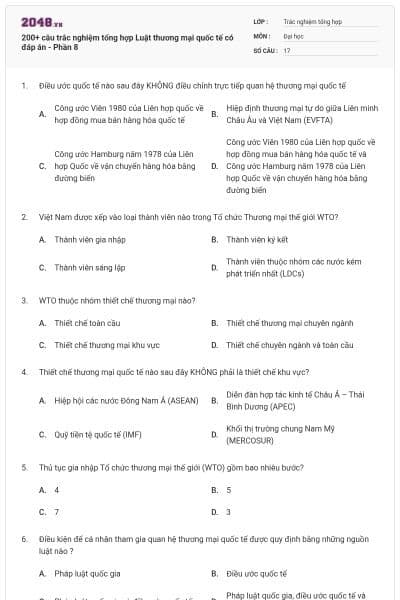 200+ câu trắc nghiệm tổng hợp Luật thương mại quốc tế có đáp án - Phần 8