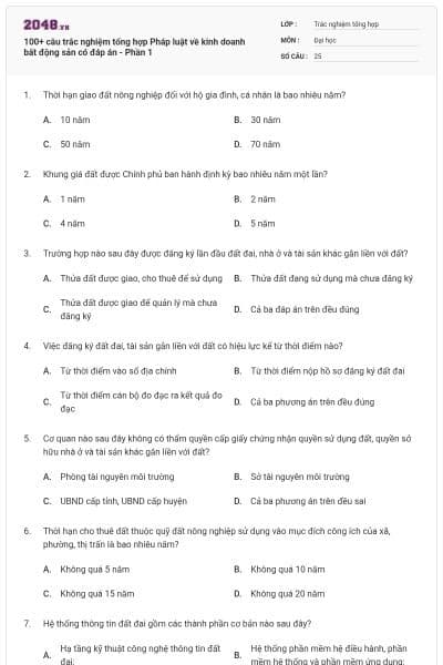100+ câu trắc nghiệm tổng hợp Pháp luật về kinh doanh bất động sản có đáp án - Phần 1