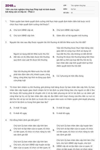 100+ câu trắc nghiệm tổng hợp Pháp luật về kinh doanh bất động sản có đáp án - Phần 2