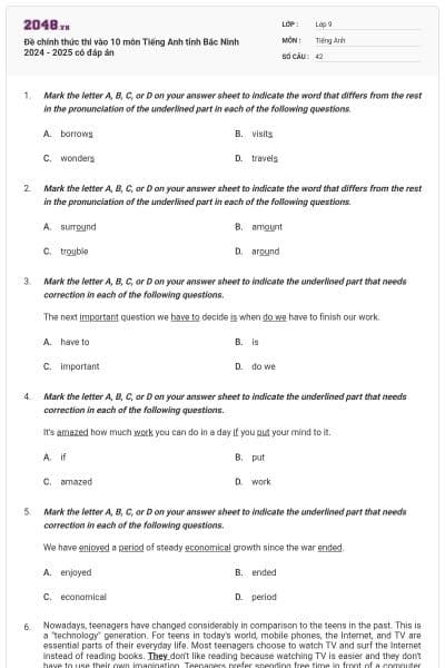 Đề chính thức thi vào 10 môn Tiếng Anh tỉnh Bắc Ninh 2024 - 2025 có đáp án