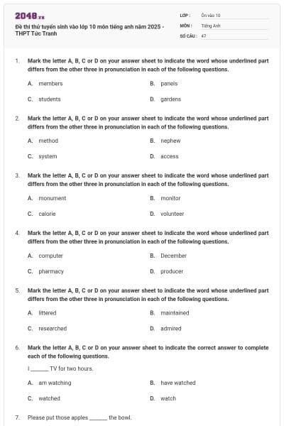 Đề thi thử tuyển sinh vào lớp 10 môn tiếng anh năm 2025 - THPT Tức Tranh
