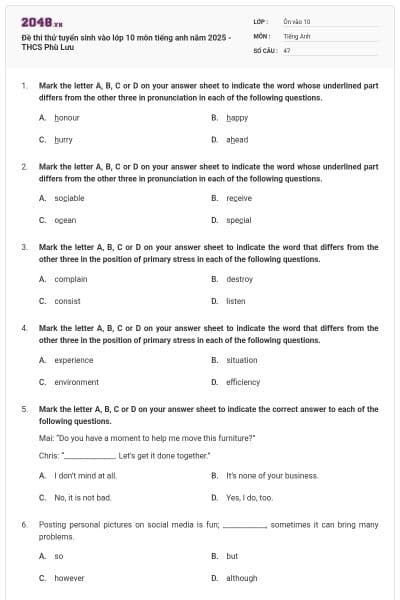 Đề thi thử tuyển sinh vào lớp 10 môn tiếng anh năm 2025 - THCS Phù Lưu