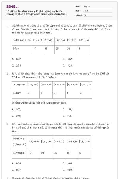 10 bài tập Xác định khoảng tứ phân vị và ý nghĩa của khoảng tứ phân vị trong việc đo mức độ phân tán có lời giải