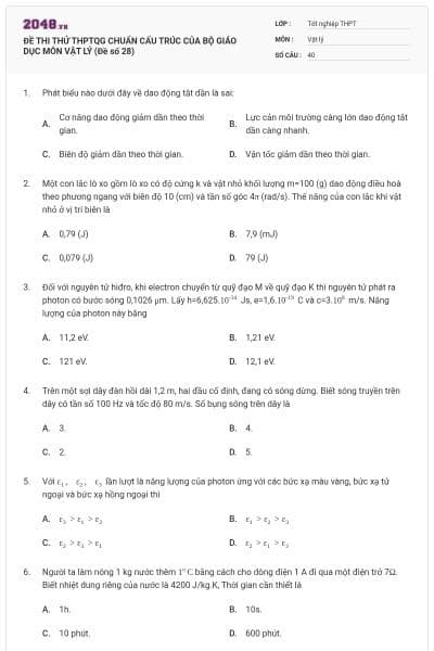 ĐỀ THI THỬ THPTQG CHUẨN CẤU TRÚC CỦA BỘ GIÁO DỤC MÔN VẬT LÝ (Đề số 28)