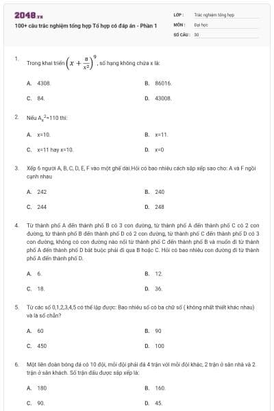 100+ câu trắc nghiệm tổng hợp Tổ hợp có đáp án - Phần 1