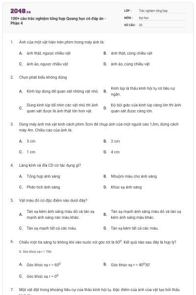 100+ câu trắc nghiệm tổng hợp Quang học có đáp án - Phần 4