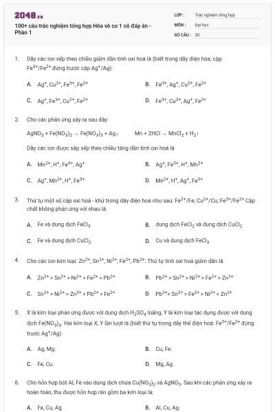 100+ câu trắc nghiệm tổng hợp Hóa vô cơ 1 có đáp án - Phần 1