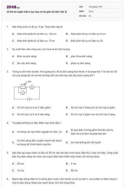 25 Đề ôn luyện Vật lí cực hay có lời giải chi tiết ( Đề 3)