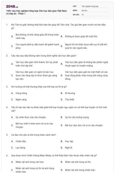 100+ câu trắc nghiệm tổng hợp Văn học dân gian Việt Nam có đáp án - Phần 1