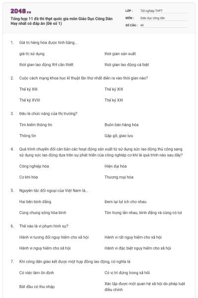 Tổng hợp 11 đề thi thpt quốc gia môn Giáo Dục Công Dân Hay nhất có đáp án (Đề số 1)
