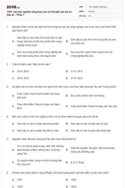 100+ câu trắc nghiệm tổng hợp Lịch sử thế giới cận đại có đáp án - Phần 1