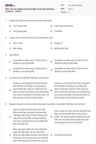 200+ câu trắc nghiệm tổng hợp Biển và hải đảo Việt Nam có đáp án - Phần 2