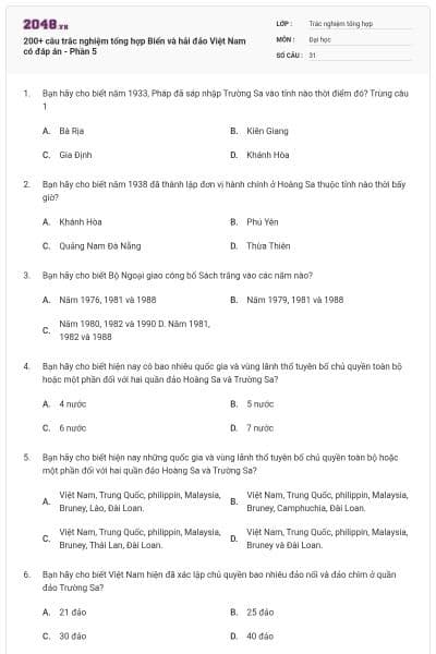 200+ câu trắc nghiệm tổng hợp Biển và hải đảo Việt Nam có đáp án - Phần 5