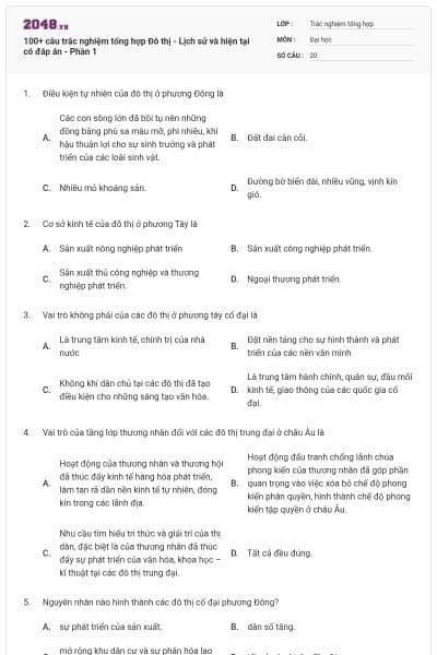 100+ câu trắc nghiệm tổng hợp Đô thị - Lịch sử và hiện tại có đáp án - Phần 1