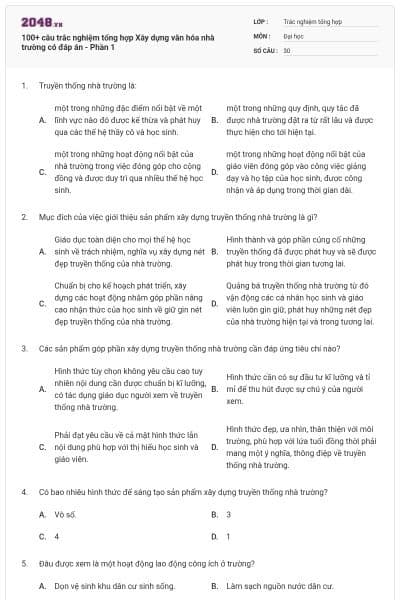 100+ câu trắc nghiệm tổng hợp Xây dựng văn hóa nhà trường có đáp án - Phần 1