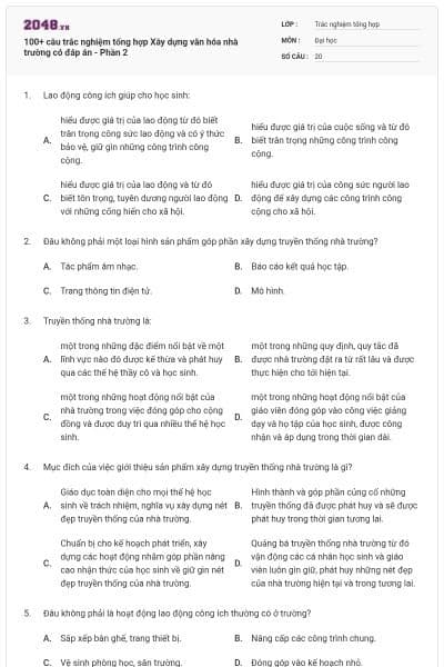 100+ câu trắc nghiệm tổng hợp Xây dựng văn hóa nhà trường có đáp án - Phần 2