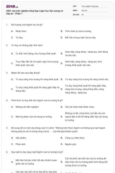 200+ câu trắc nghiệm tổng hợp Logic học đại cương có đáp án - Phần 1